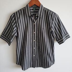 Lauren Ralph Lauren Women's Size S Black Striped Short Sleeve Button Up Shirt